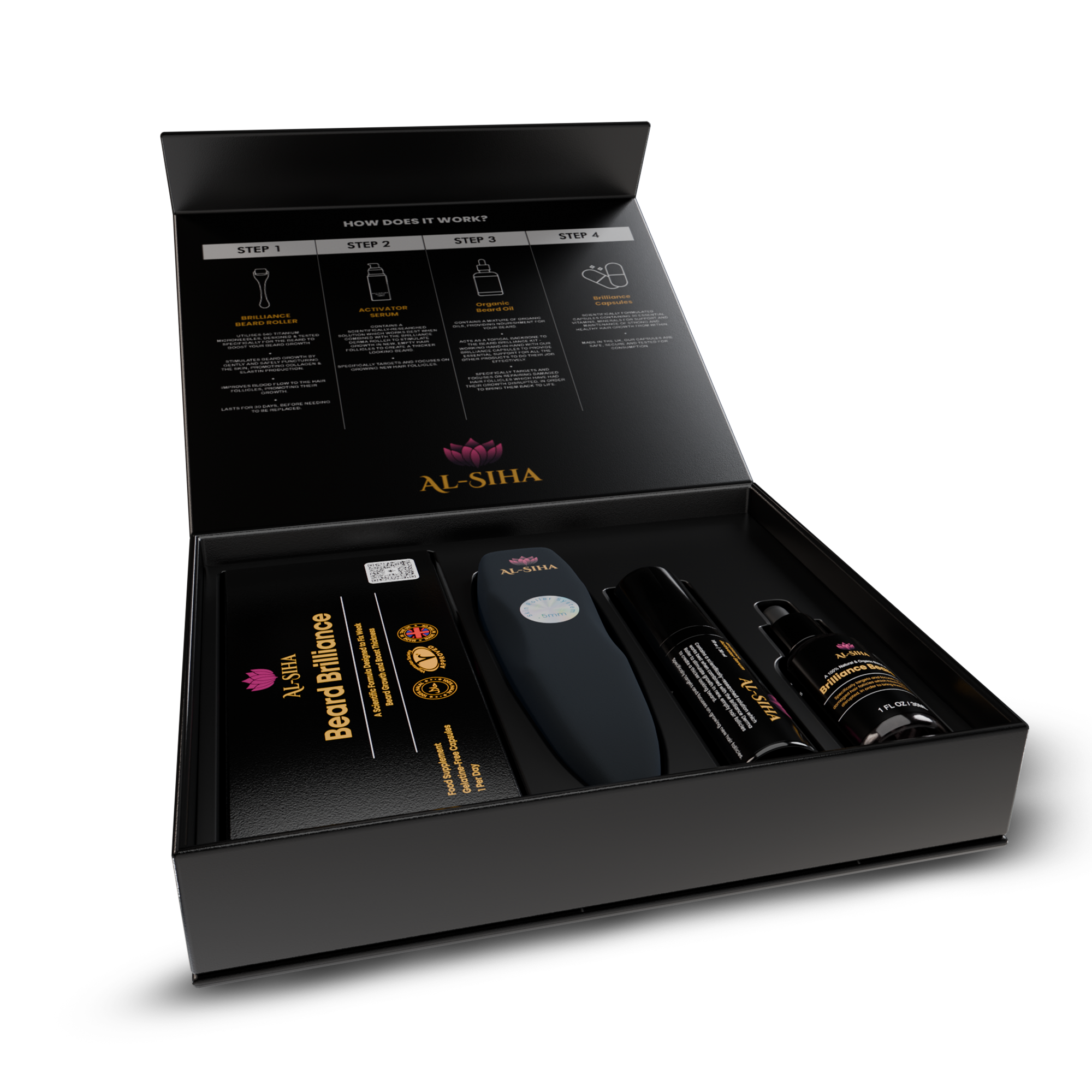 Open box containing grooming products and a trimmer, labeled 'Al-Siha.'