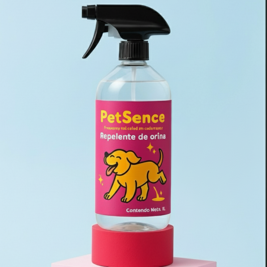 Spray bottle labeled 'PetSence Repelente de orina' with a cartoon dog illustration.