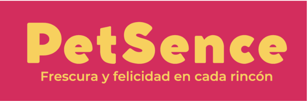 Pink background with yellow text 'PetSence' and subtitle in Spanish.