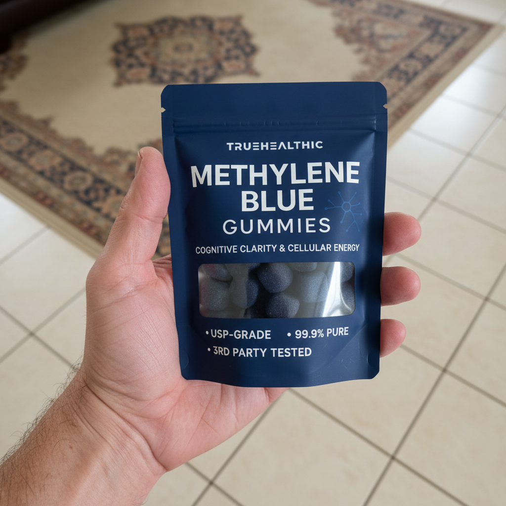 A hand holding a blue pouch of Truehealthic Methylene Blue Gummies over a tiled floor.
