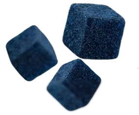 Three dark blue, cube-shaped objects with a textured surface against a white background.