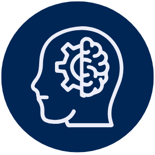 Outline of a head with a brain and gear inside on a dark blue background.