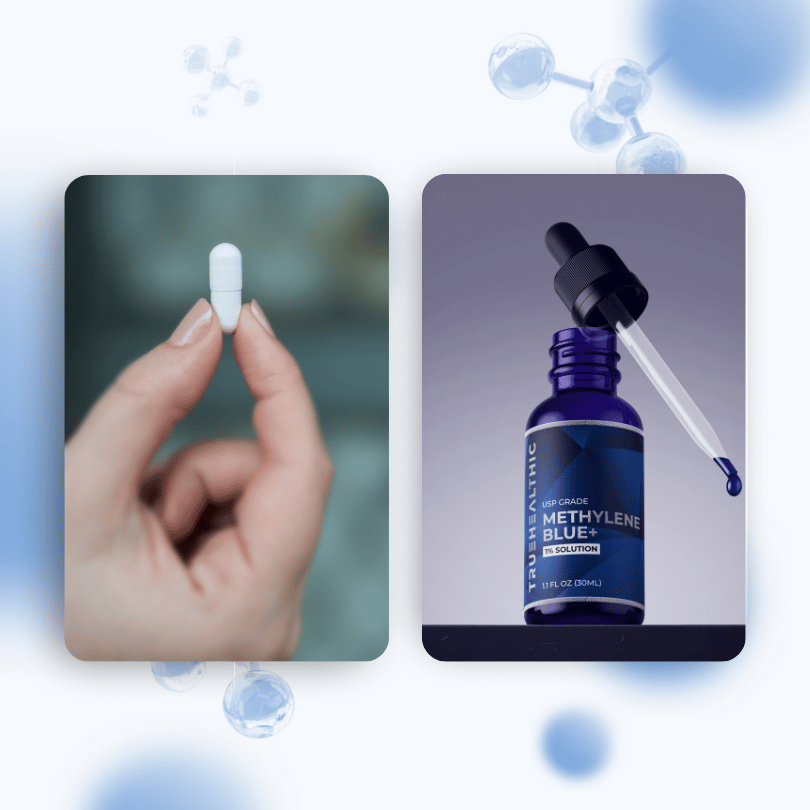 Hand holding a white capsule and a bottle with a dropper labeled 'Methylene Blue+'.