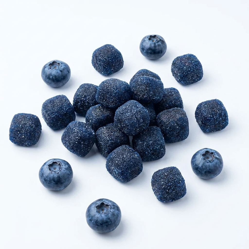 A pile of sugared blue gummies surrounded by fresh blueberries on a white background.