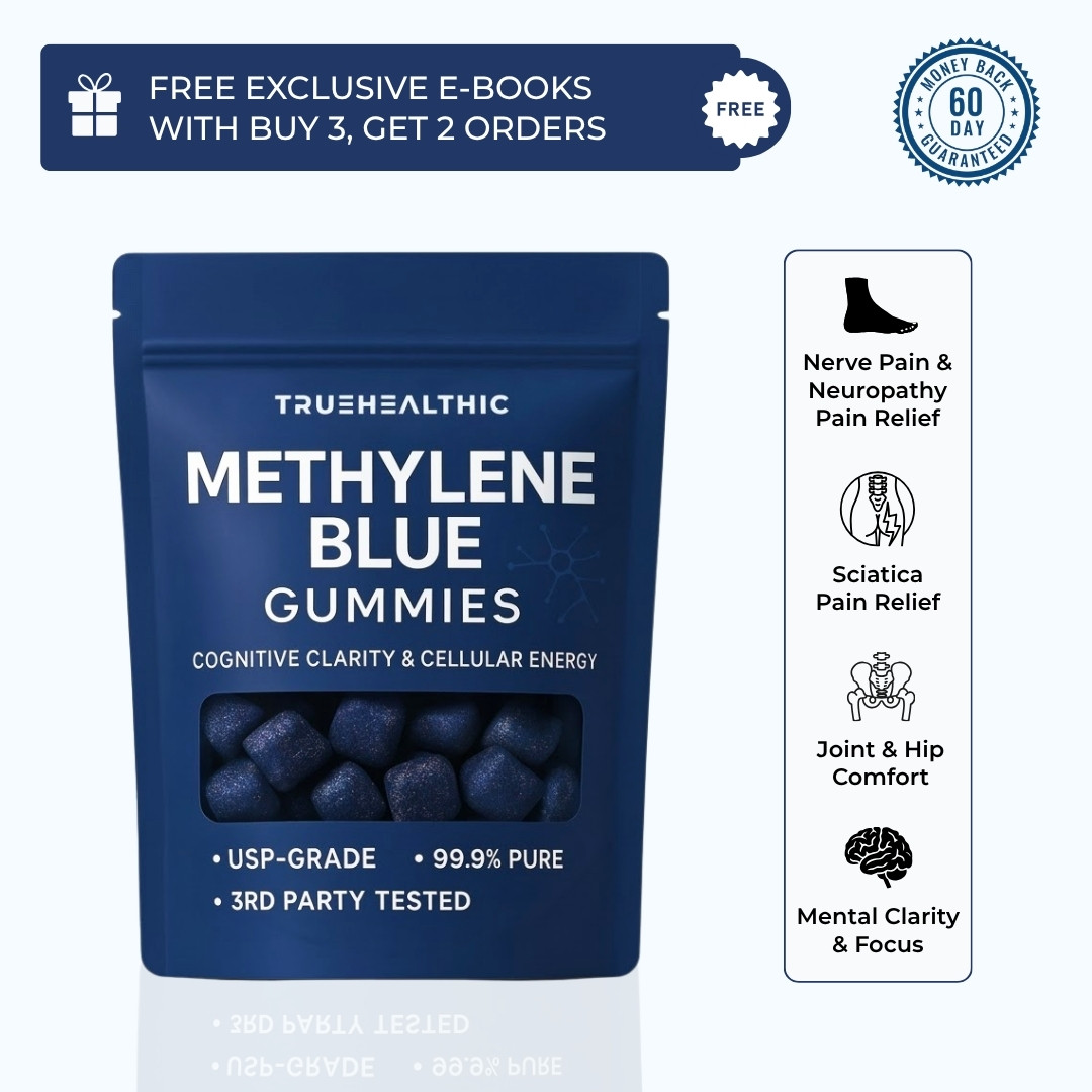 A blue pouch of Truehealthic Methylene Blue Gummies with a list of benefits on the right side.