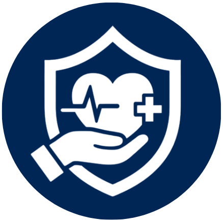 White abstract shape on a dark blue circular background.