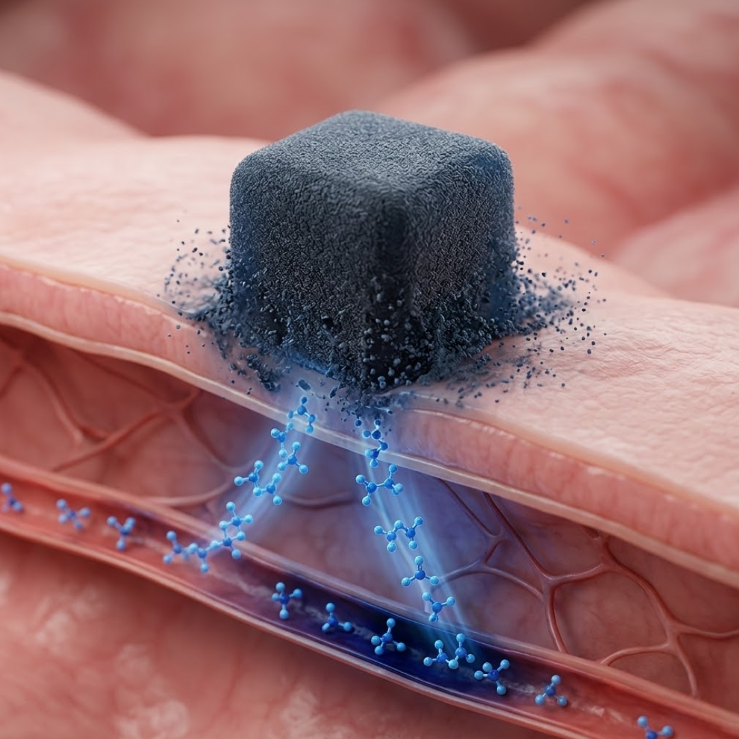 A medical illustration shows a black cube on skin releasing blue molecules into a blood vessel below.