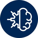 A white line icon on a blue circle showing half a gear joined to half a brain.