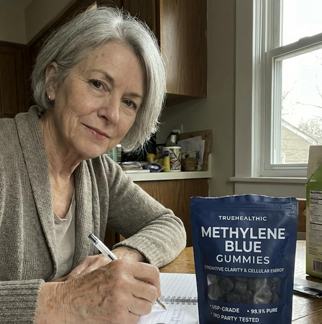 An older woman with gray hair writes in a notebook next to a bag of Methylene Blue Gummies.