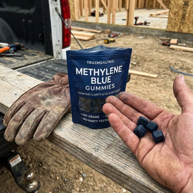 A person's hand holds four dark gummies next to a pouch of Methylene Blue Gummies at a construction site.