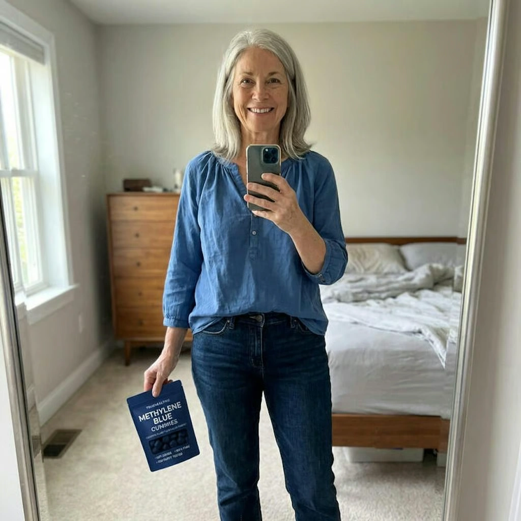 A woman with gray hair takes a selfie in a mirror, holding a pouch of Methylene Blue Gummies.
