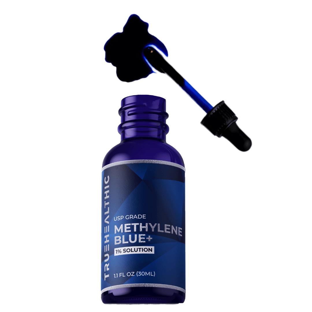 Blue bottle of methylene blue solution with a dropper.