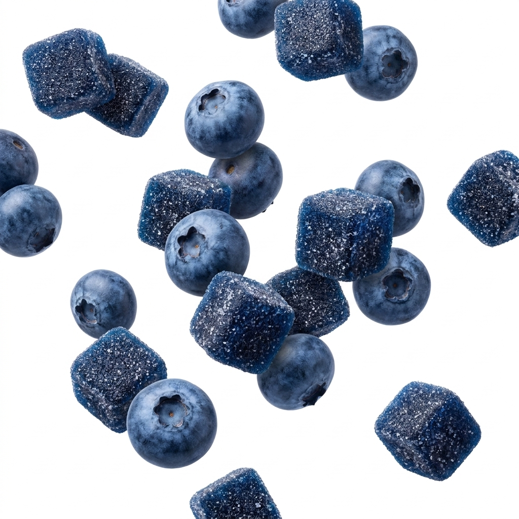 Fresh blueberries and blue, sugar-coated gummy cubes falling against a white background.