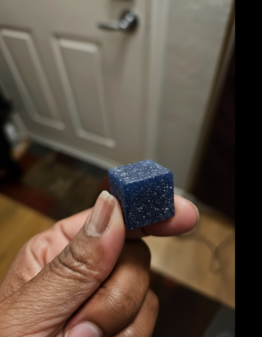 A hand holding a small, blue, sugar-coated gummy cube between two fingers.
