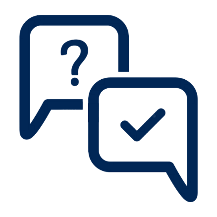 Two speech bubbles, one with a question mark and one with a check mark.