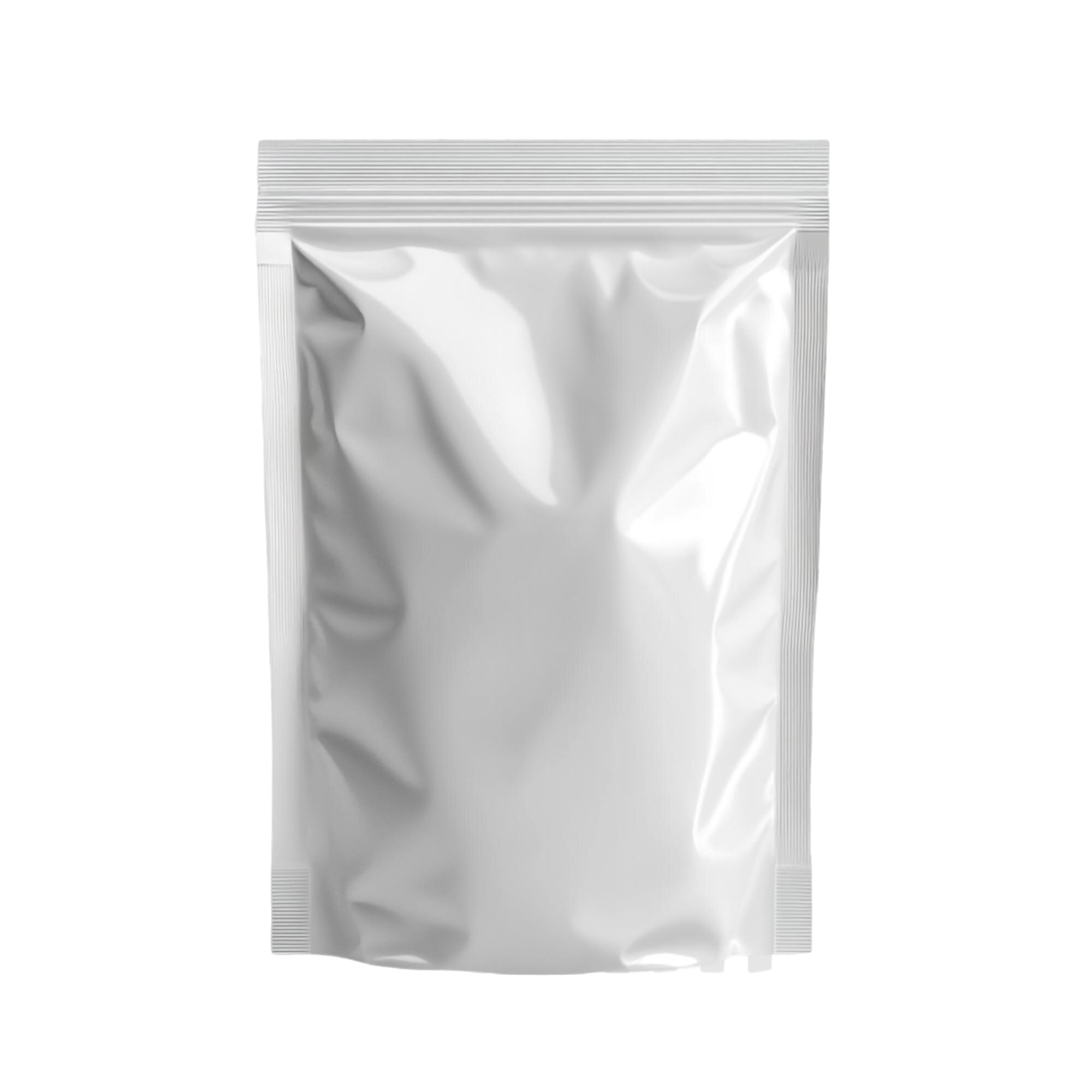 A blank, white, heat-sealed foil pouch against a white background, suitable for mockups.