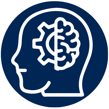 Icon of a head with a brain and gear inside, on a blue circle background.