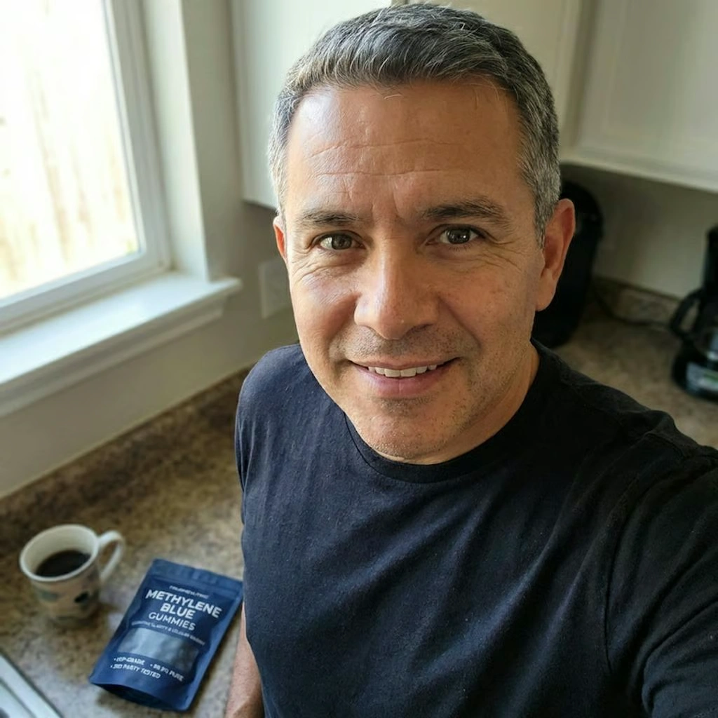 A man in a black t-shirt smiles for a selfie in a kitchen with a coffee and Methylene Blue Gummies.