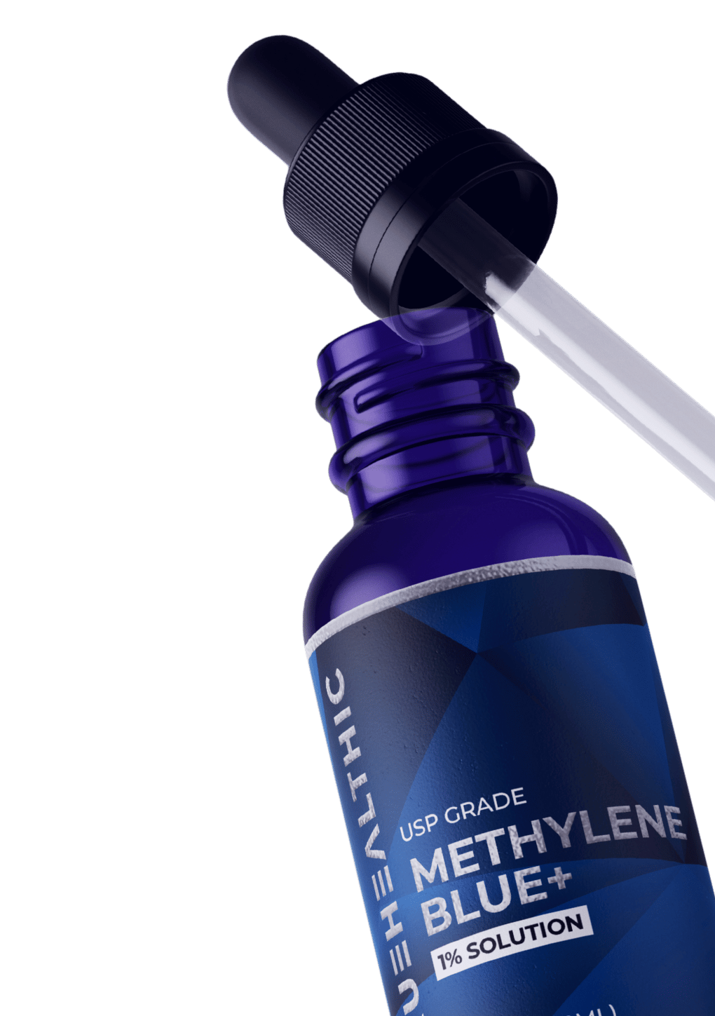 Blue bottle with dropper labeled 'Methylene Blue+ 1% Solution.'