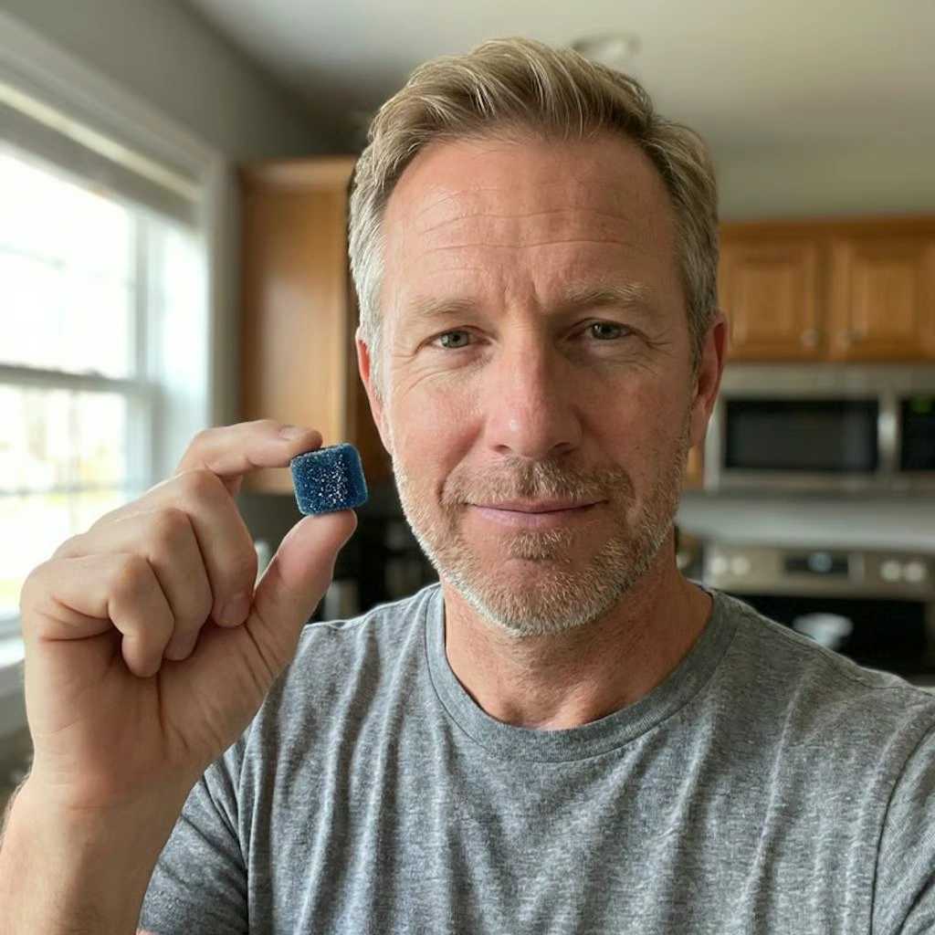 A man in a grey t-shirt holds up a small, blue, sugar-coated gummy cube in a kitchen.