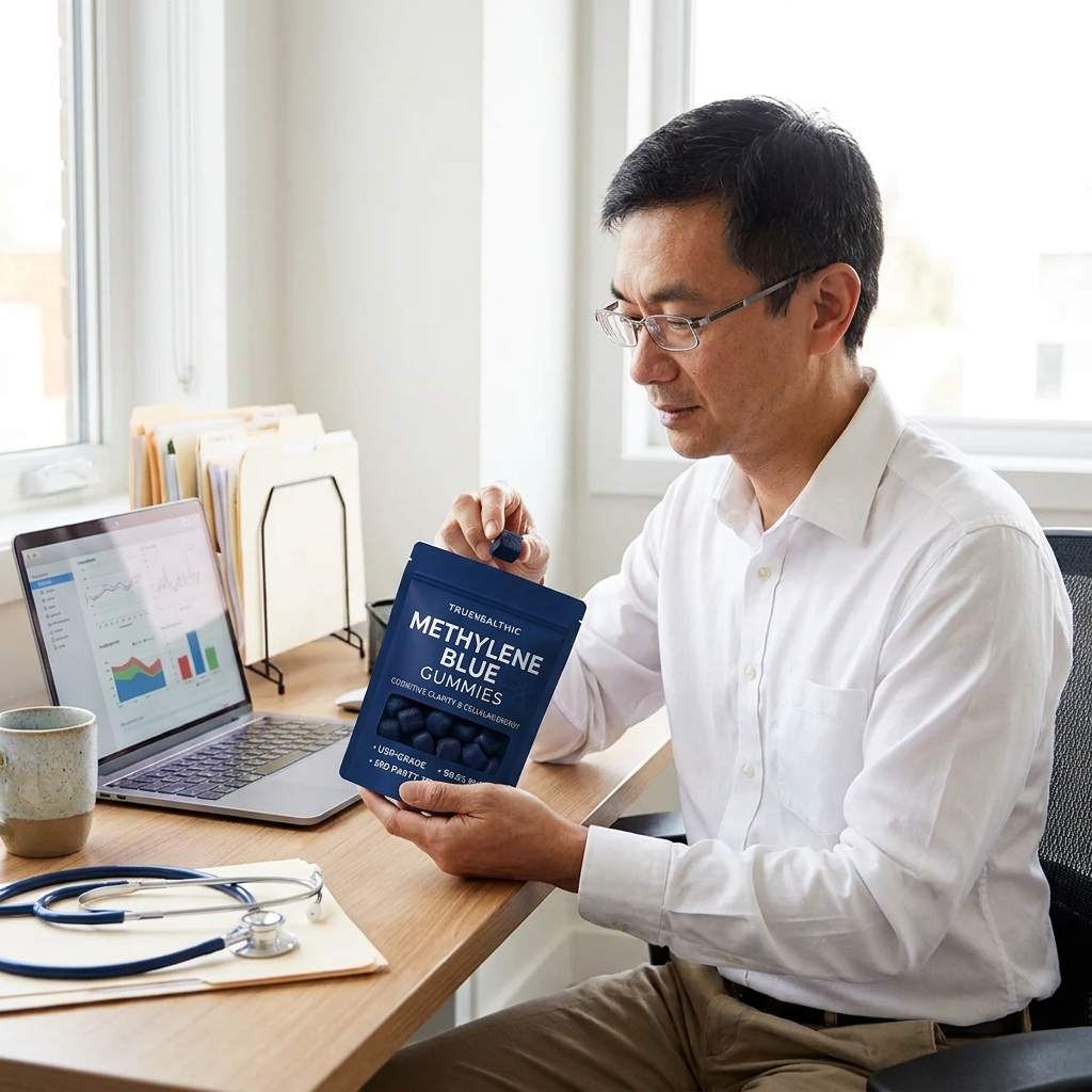 A doctor at his desk holds a pouch of Methylene Blue Gummies and takes one out to inspect it.