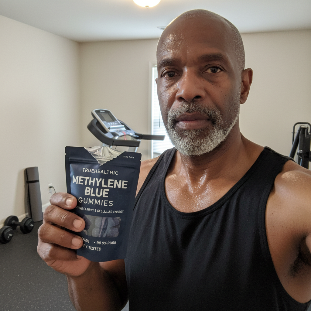 A man in a black tank top holds up a pouch of Methylene Blue Gummies in a gym.