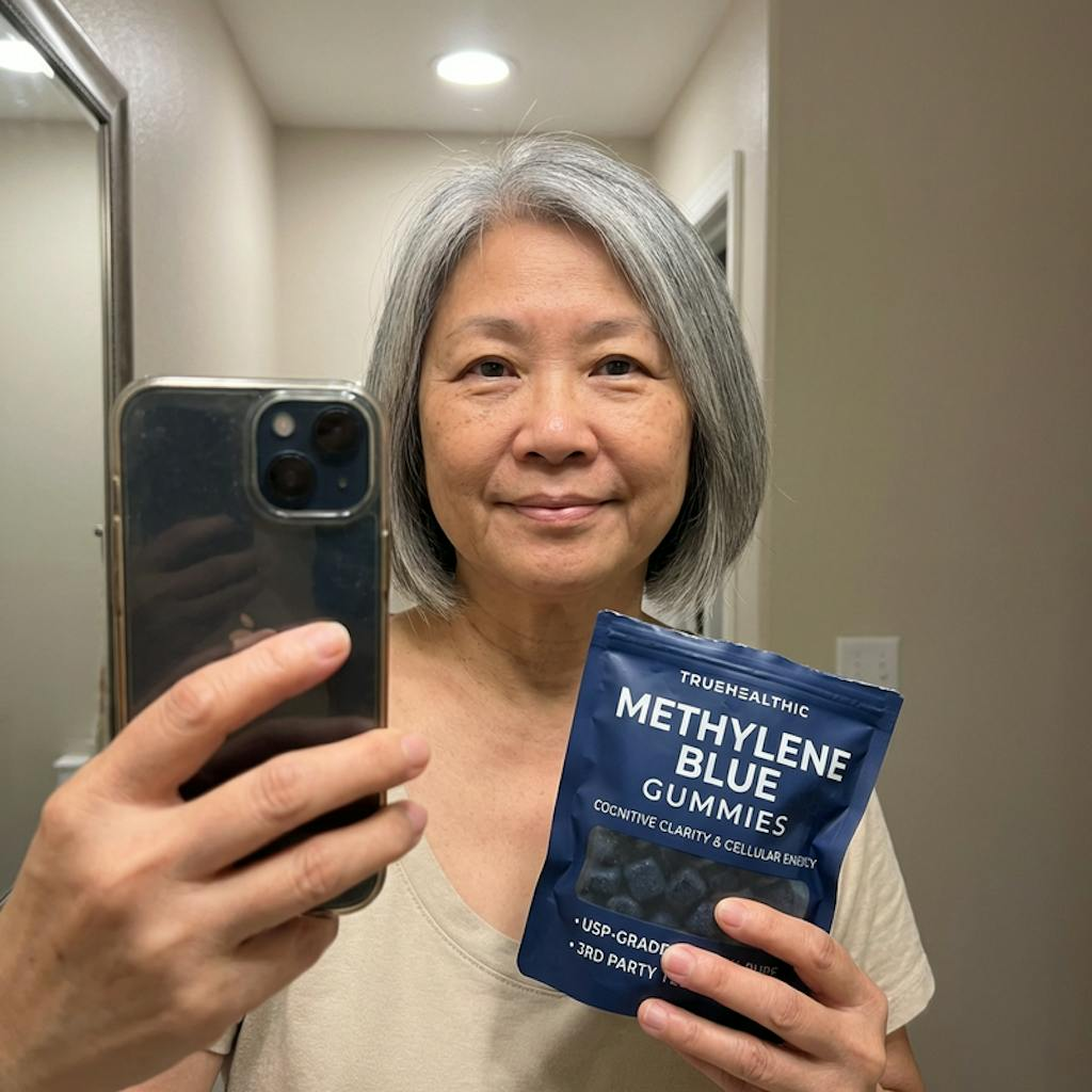 A woman with grey hair takes a selfie in a mirror while holding a pouch of Methylene Blue Gummies.