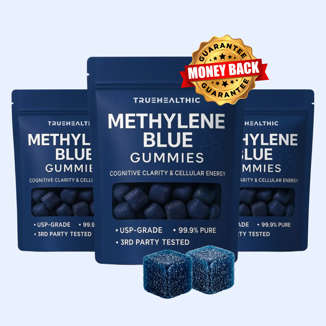 Three pouches of Truehealthic Methylene Blue Gummies with two sugar-coated blue gummies in the foreground.