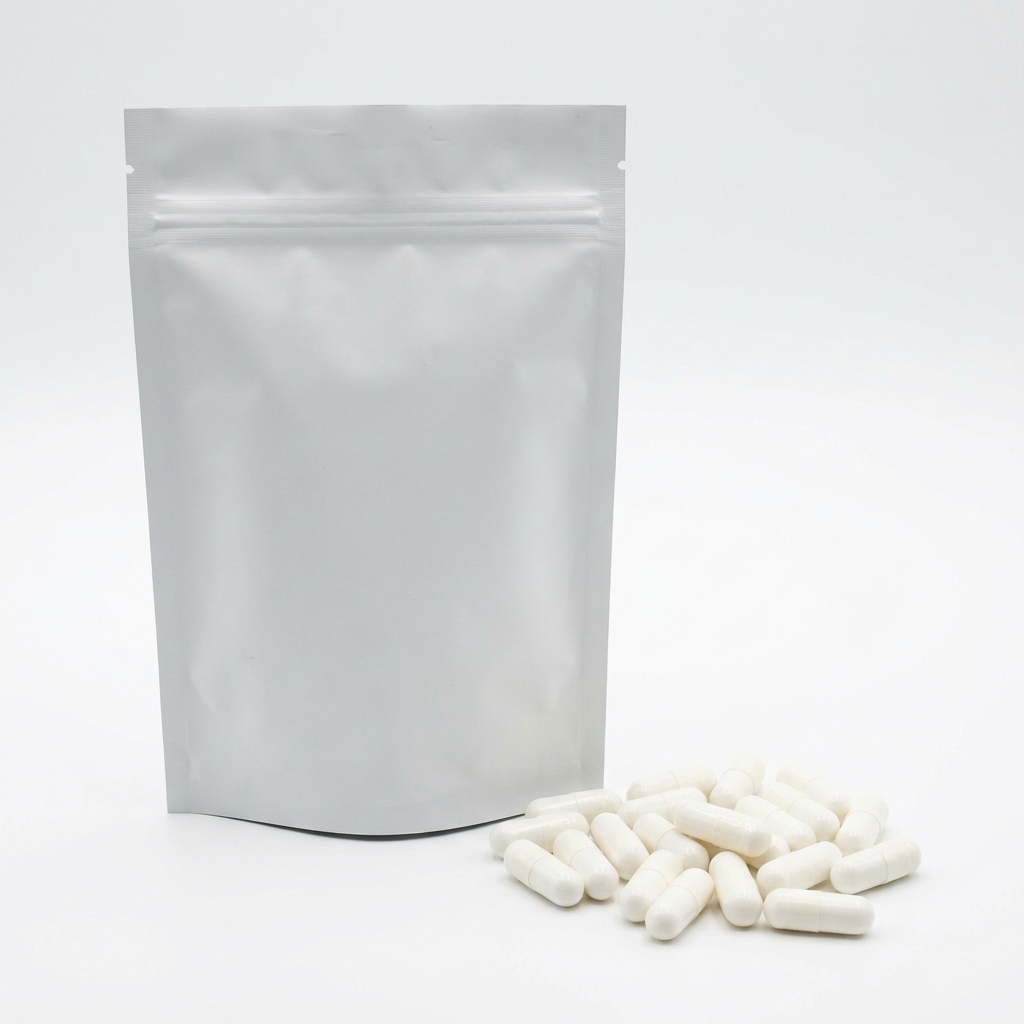 A blank white resealable pouch stands next to a pile of white capsules on a white surface.