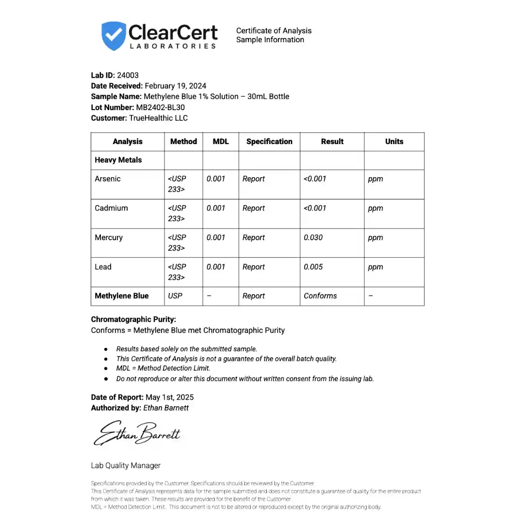 Certificate of analysis for Methylene Blue solution with heavy metals test results.
