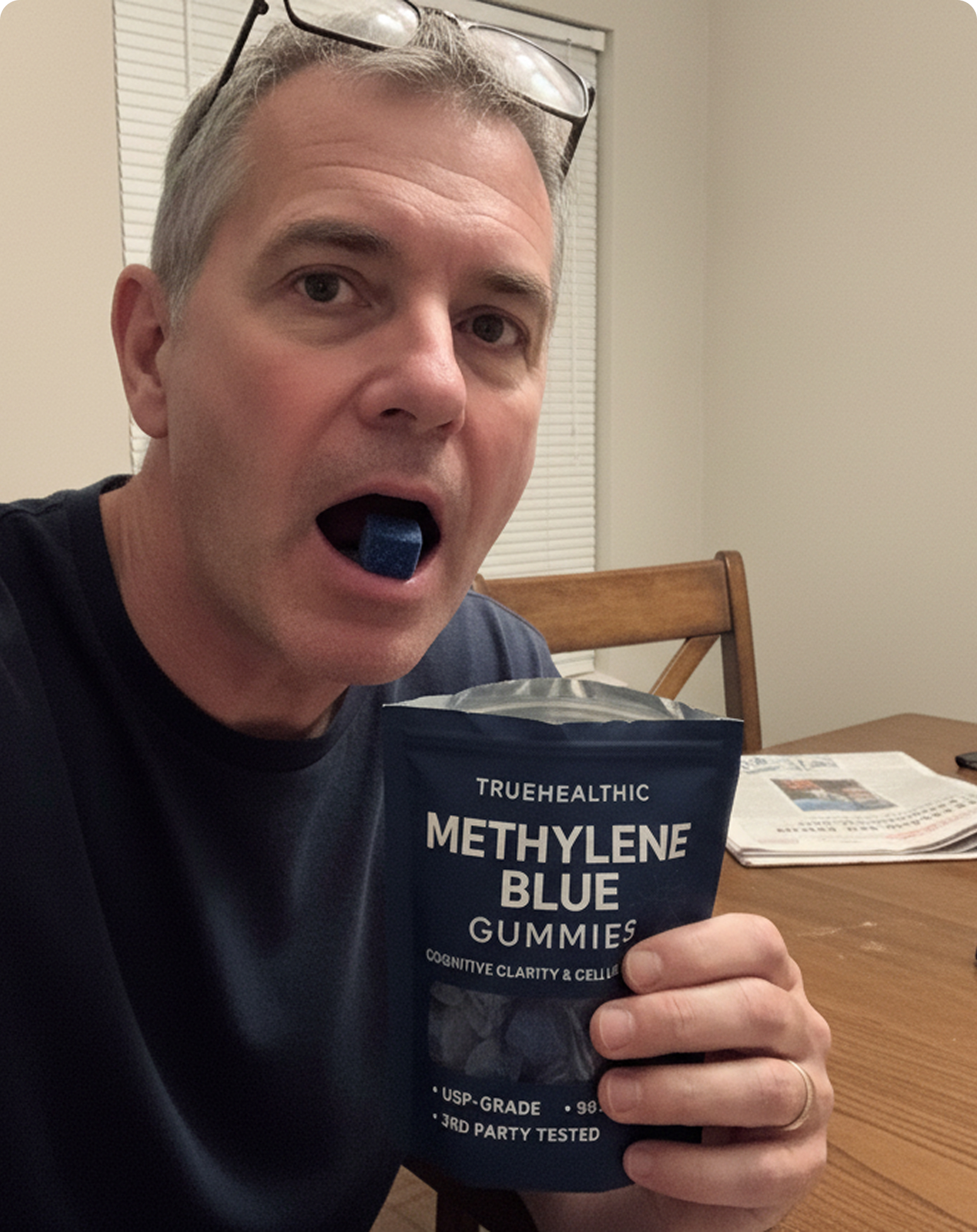 A man with glasses on his head eats a blue gummy while holding the pouch.