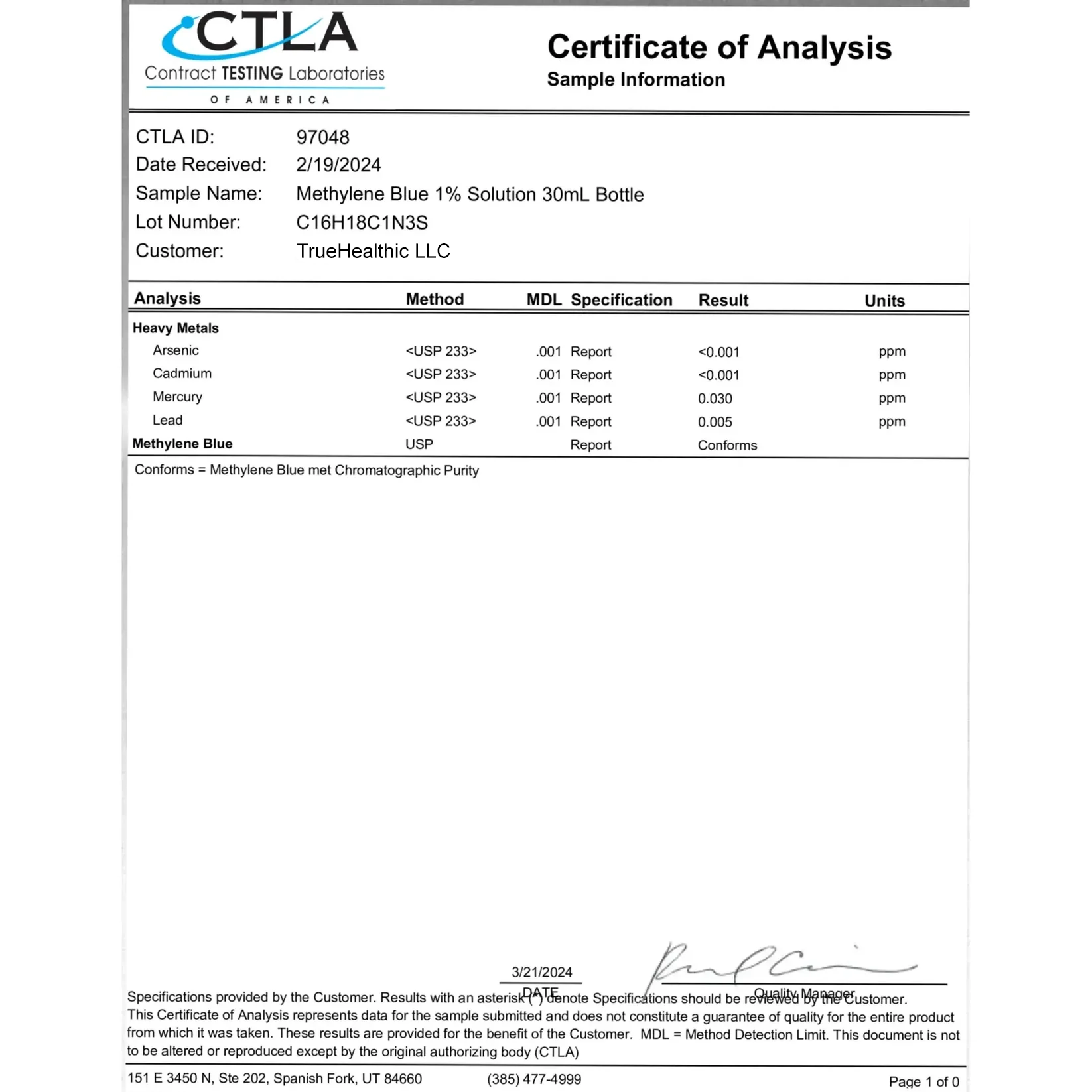 Certificate of Analysis for Methylene Blue solution with heavy metals analysis results.