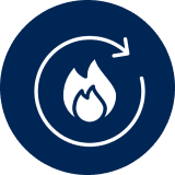 A white icon of a flame inside a circular arrow on a dark blue background.