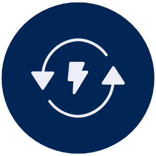 Icon with arrows and a lightning bolt in a circle on a blue background.