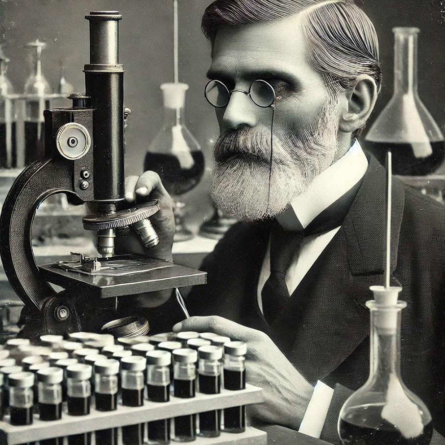 Vintage photo of a scientist with a microscope and lab equipment.