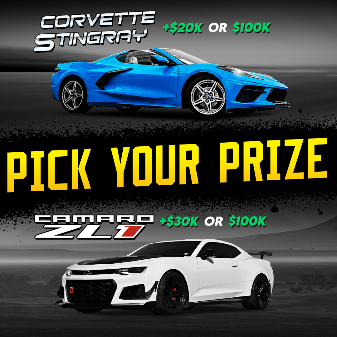 Image of a blue Corvette Stingray and a white Camaro ZL1 with prize options.