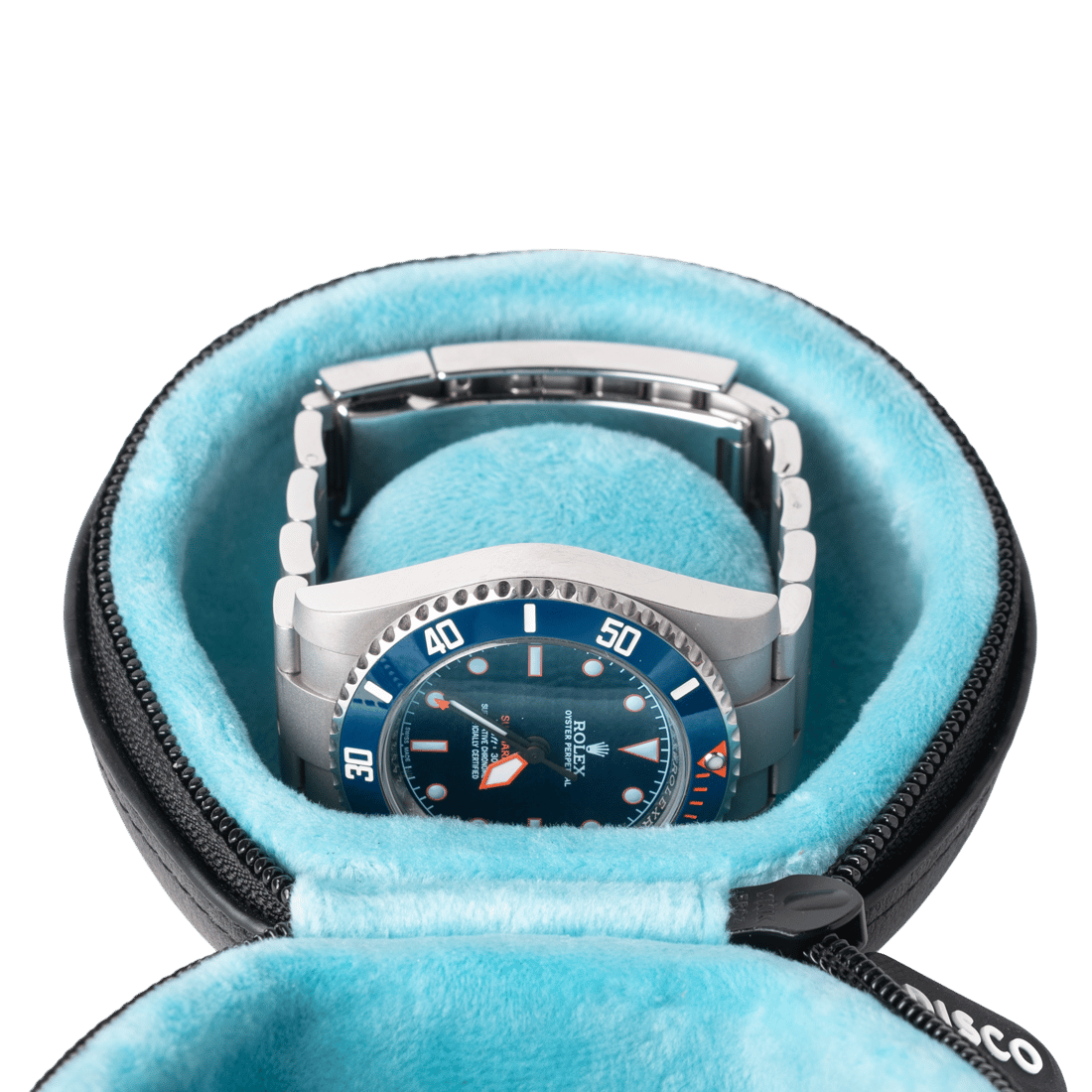 Blue-dial watch in the microfiber-lined case
