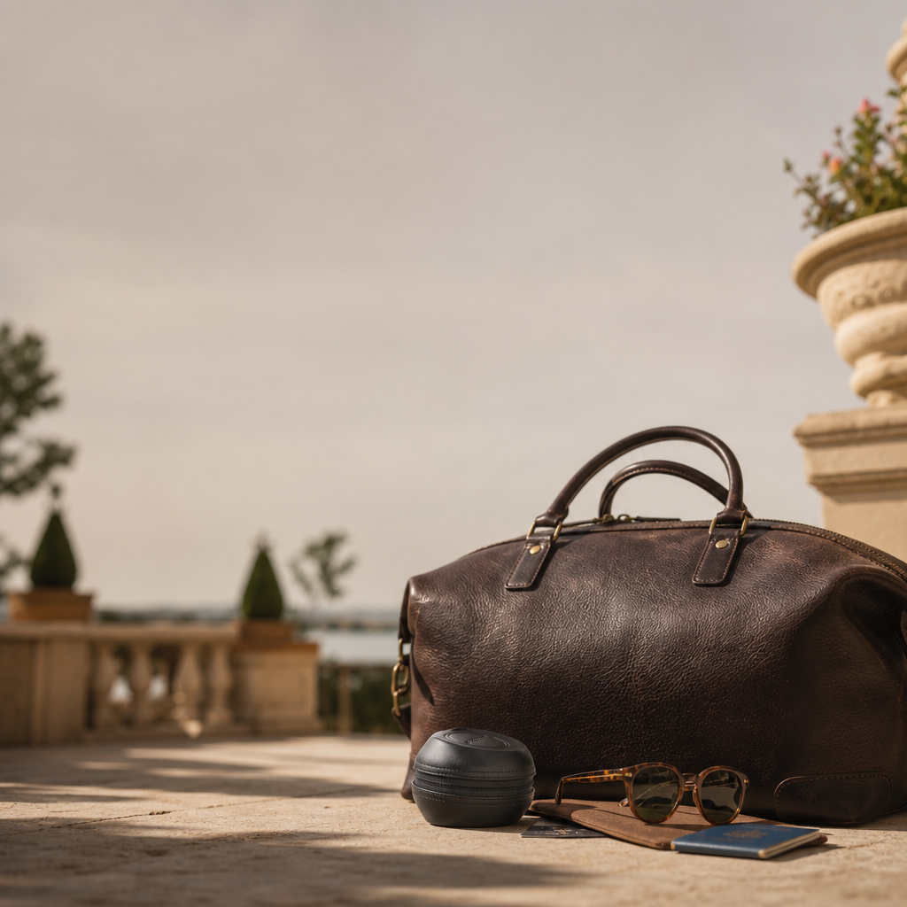 Tracker Puck beside a travel duffel bag