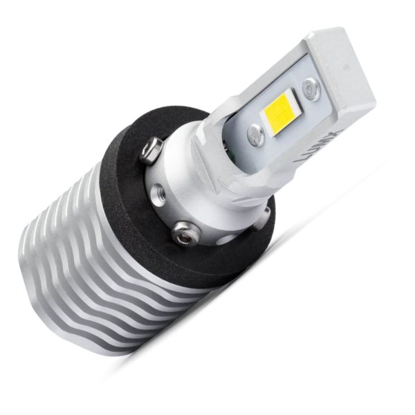 Close-up of a silver LED light bulb with a ribbed design.