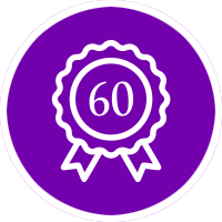 A purple circular icon with a white outline of a prize ribbon seal with the number 60.