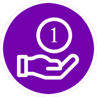 Icon of a hand holding a coin with the number one, inside a purple circle.