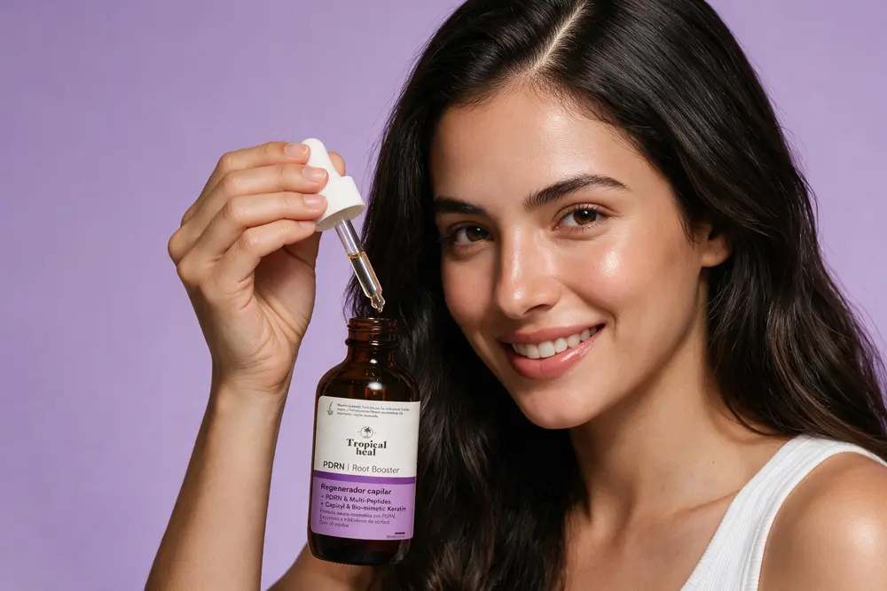A smiling woman with long dark hair holds up a dropper from a bottle of hair serum.
