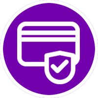 A white icon of a credit card with a shield and checkmark on a purple circular background.