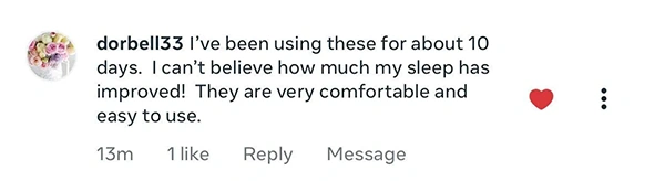 Social media comment praising a product for improving sleep, with a heart icon.