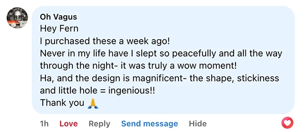 A social media comment praising a product's design and effectiveness for better sleep.