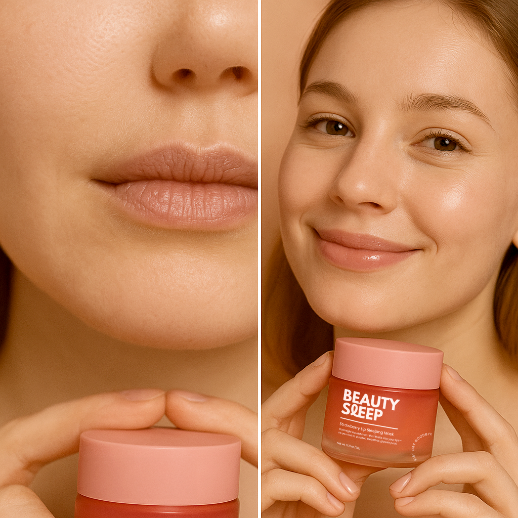 Close-up of a woman holding a jar labeled 'Beauty Sleep' with a focus on her lips.