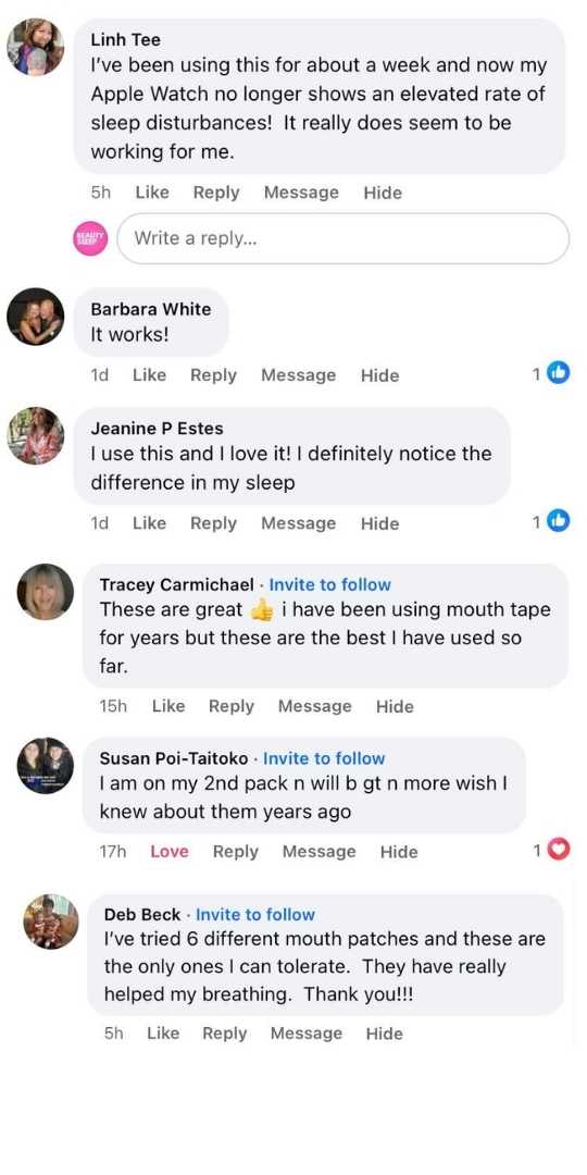 Screenshot of a Facebook comment thread about sleep improvement products.