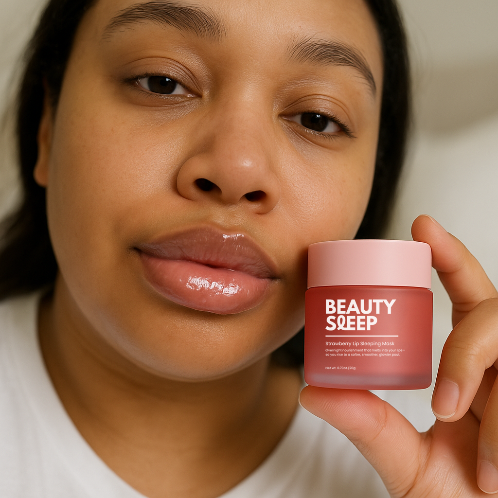 Person holding a jar of Beauty Sleep lip sleeping mask.