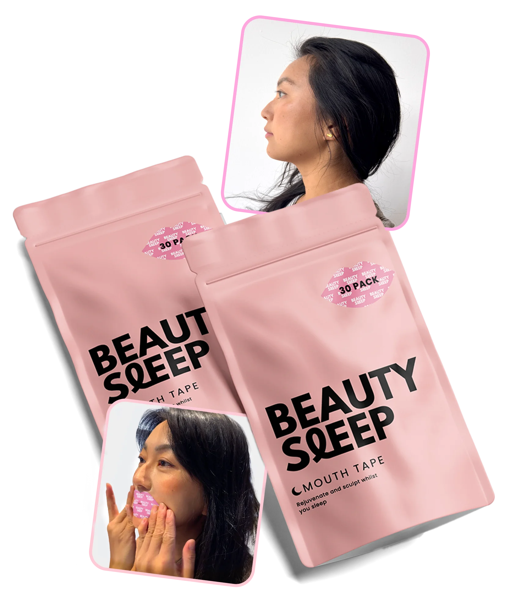 Two pink packages of Beauty Sleep mouth tape with images of a woman applying it.