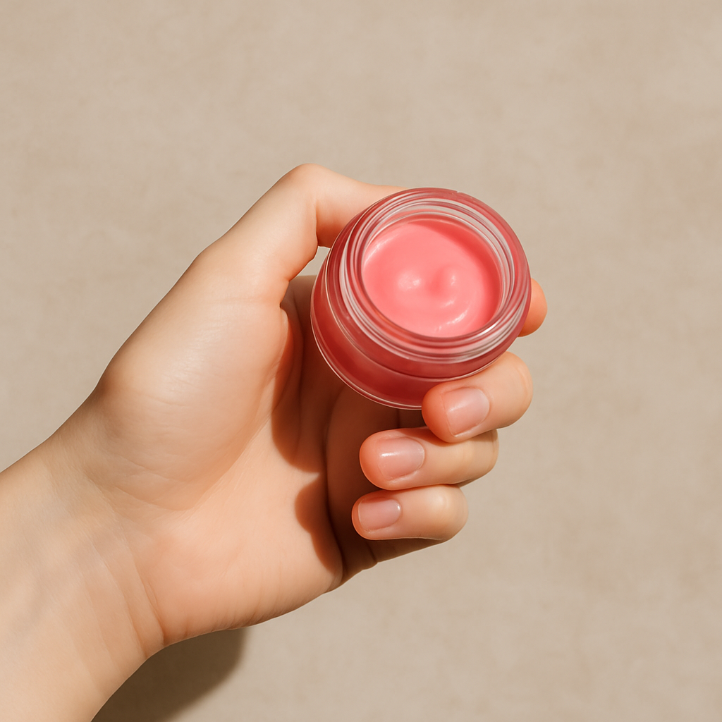 Hand holding a small jar of pink cream.